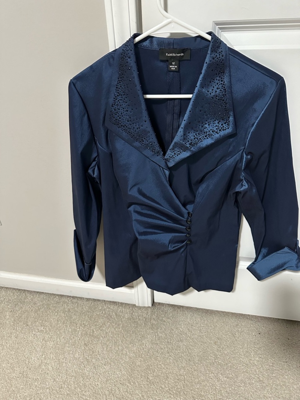 Satin Navy Button-Front Dress blouse with Embellished Collar